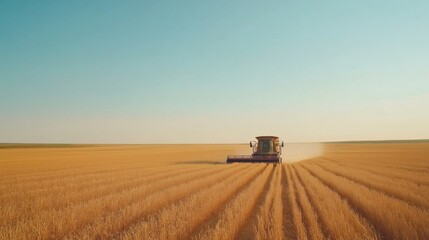 Fototapeta premium Combine harvester cutting wheat in large field on sunny day, rural farming at work 
