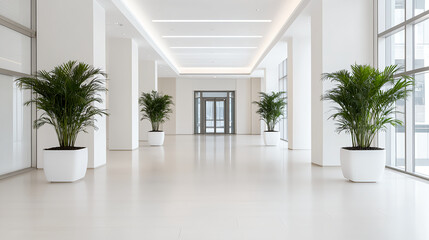 Modern hallway with potted plants and bright lighting