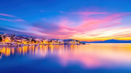 Fototapeta premium A breathtaking sunset over a tranquil sea, with vibrant pink and purple hues reflecting on the water. Perfect for showcasing natural beauty and serene coastal scenery.