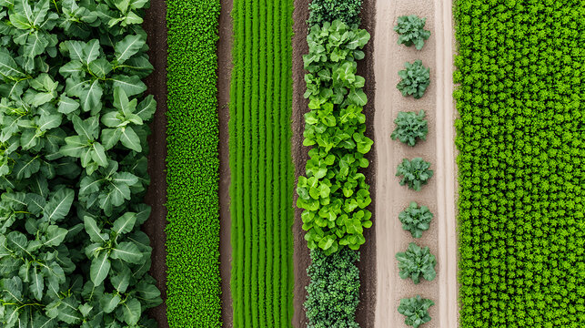 Lush green crops arranged in neat rows, showcasing agricultural diversity