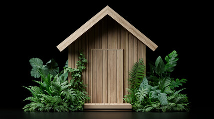 wooden house surrounded by lush green plants, creating serene atmosphere