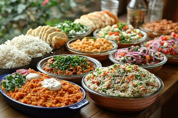 Fototapeta premium Varied Middle Eastern mezze platter with vibrant salads fluffy rice warm bread and tasty dips creating a colorful and flavorful dining experience