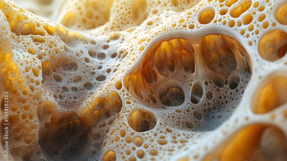 Aufkleber Close-up of a 3D rendered abstract image showing a complex cellular structure with bubble-like formations. The colors are warm, featuring shades of golden yellow and beige. Abstract Cellular Structure