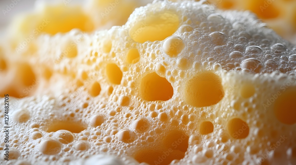 Poster Close-up macro shot of beer foam, highlighting its texture and bubbles. Macro Photography of Frothy Beer Head: A Close-Up View of Bubbles and Texture