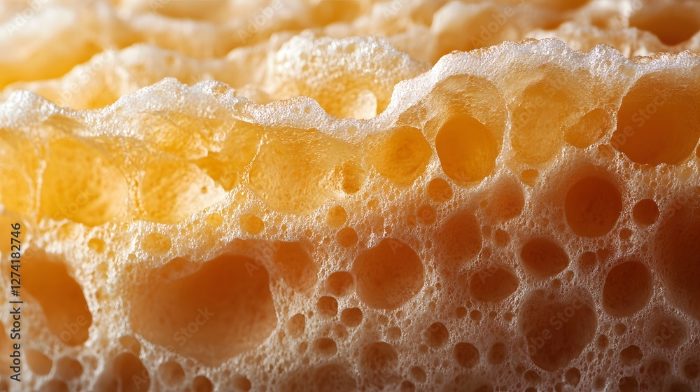 Poster detailed image of beer foam, showcasing its intricate texture and bubbles. close-up macro photograph