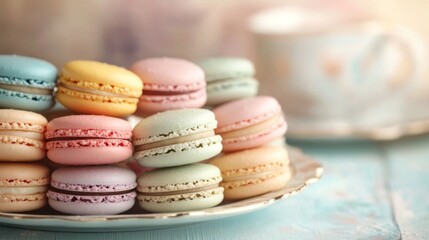 Fototapeta premium Colorful macarons on vintage plate, pastel colors, delicious dessert, perfect for a sweet treat, possible use for food blog, recipe inspiration
