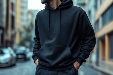 blank black hoodie mock up, man wearing streetwear style clothing. The hoodie he is wearing is a blank black hoodie sweater. with urban setting background