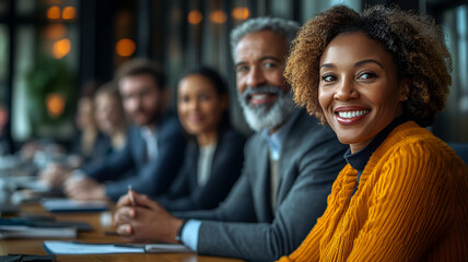 Fototapeta premium diverse group of professionals smiling during meeting in modern office