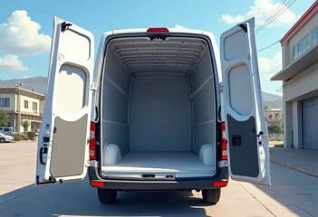 Empty white van with open rear doors facing. Clean truck inside ready for cargo. Vehicle parked outdoors with buildings, mountains, blue sky visible. Transportation, shipping, delivery industry
