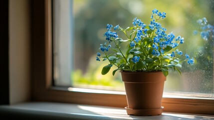 copy space photo of potted forget-me-not flower plant by the window