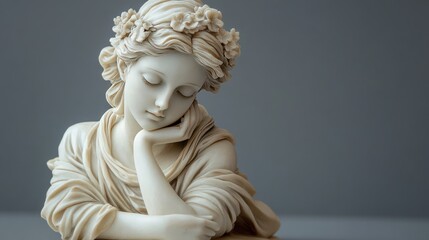 A white marble Persephone figurine, gentle pose, mythological aesthetic