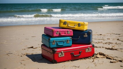 Old colorful suitcases, trunks on a sandy beach