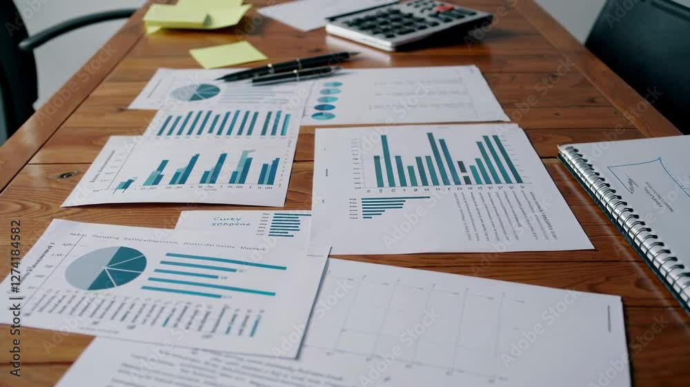 Poster professional business documents with financial charts and analytical diagrams flowing across wooden 
