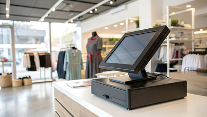 Elegant POS system on white counter. Fashion boutique setting with clothing displays. Contemporary retail technology enhances shopping experience. Fashion Retail, Business Technology, Store Design