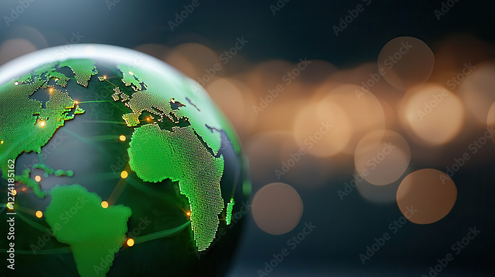 Leinwandbilder 3d holographic globe with bright green network connections represents global connectivity and techno