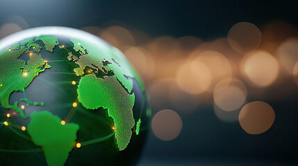 3D holographic globe with bright green network connections represents global connectivity and technology. glowing lines and dots highlight interconnectedness of continents