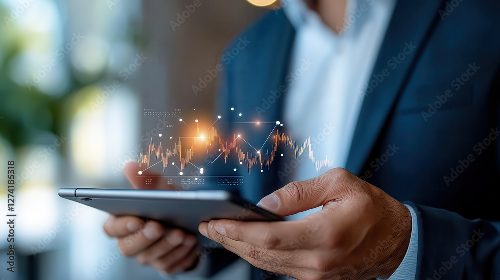 Aufkleber businessman in suit holds tablet displaying glowing financial graph, symbolizing ai powered financia