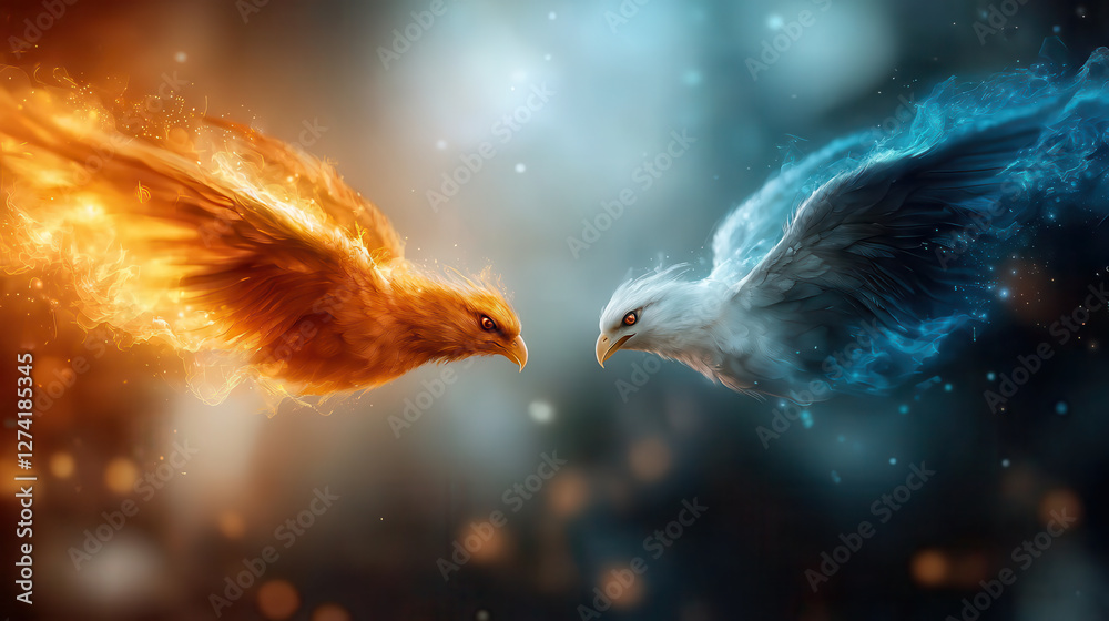 Aufkleber fiery orange bird and cool blue bird face each other, symbolizing balance of light and shadow. vibra