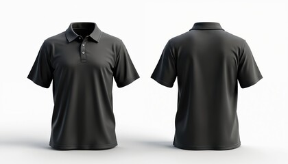 Illustration of black polo shirt mockup template. Front, back views on white background for clothing design presentation. Casual attire, activewear uniform for branding, logotype. Menswear fashion