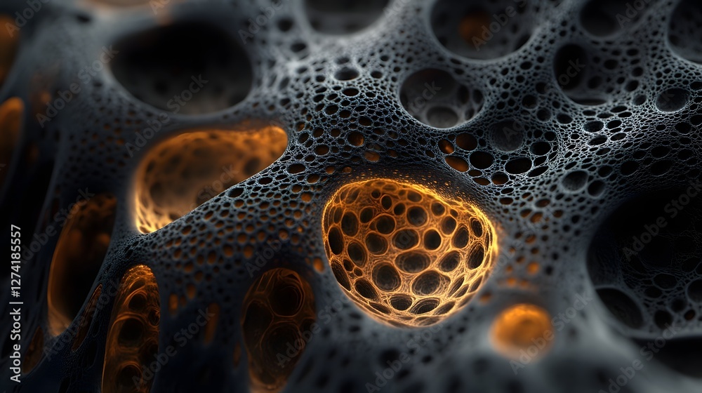 Poster Abstract fractal art depicting a complex, cellular structure. Dark tones with glowing orange highlights create a captivating visual. ntricate Cellular Structure in Dark Tones