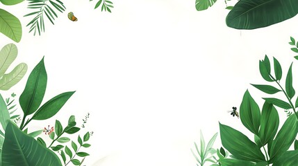 Lush Green Tropical Leaves Frame White Background