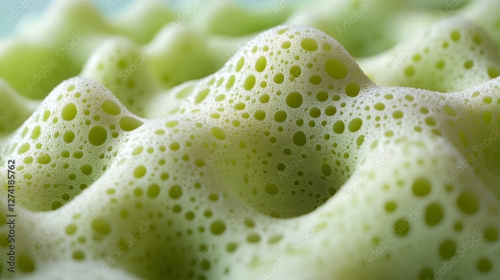 Poster close-up view of a green foamy texture with numerous bubbles. abstract and organic in nature. abstra