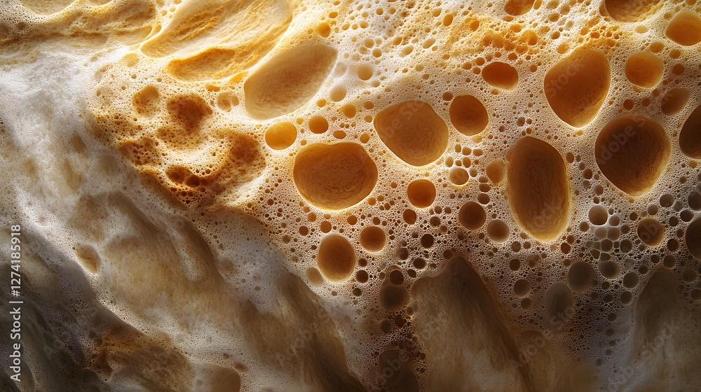 Poster detailed macro shot of beer head foam, showcasing its intricate texture and bubble structure. golden