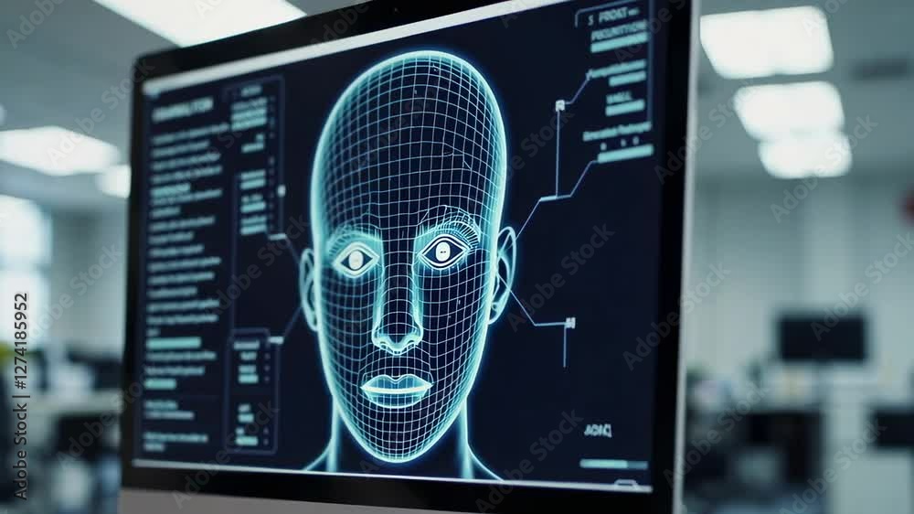 Poster Security software analyzes a 3d wireframe model of a human face, displaying data and parameters on a computer screen in an office environment