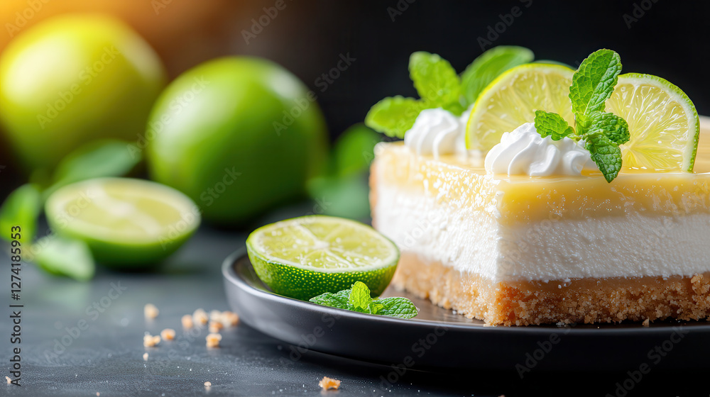 Poster classic key lime pie with buttery crust and velvety filling is garnished with fresh lime slices and 
