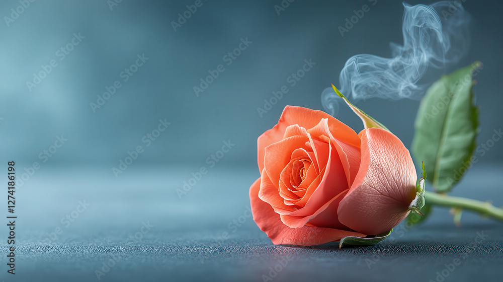 Aufkleber vibrant red rose with ethereal smoke rising against soft blue background, creating serene and mystic
