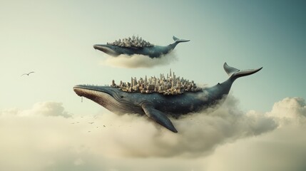 Two Whales Carrying Cities in the Clouds