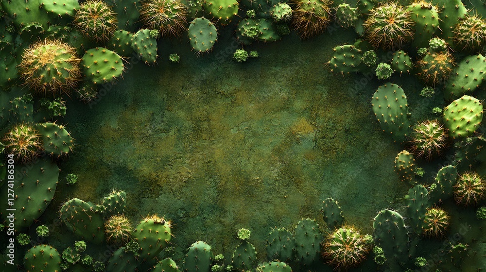 Poster a cactus is arranged in a circular frame against a rich green background. this serene desert botanic