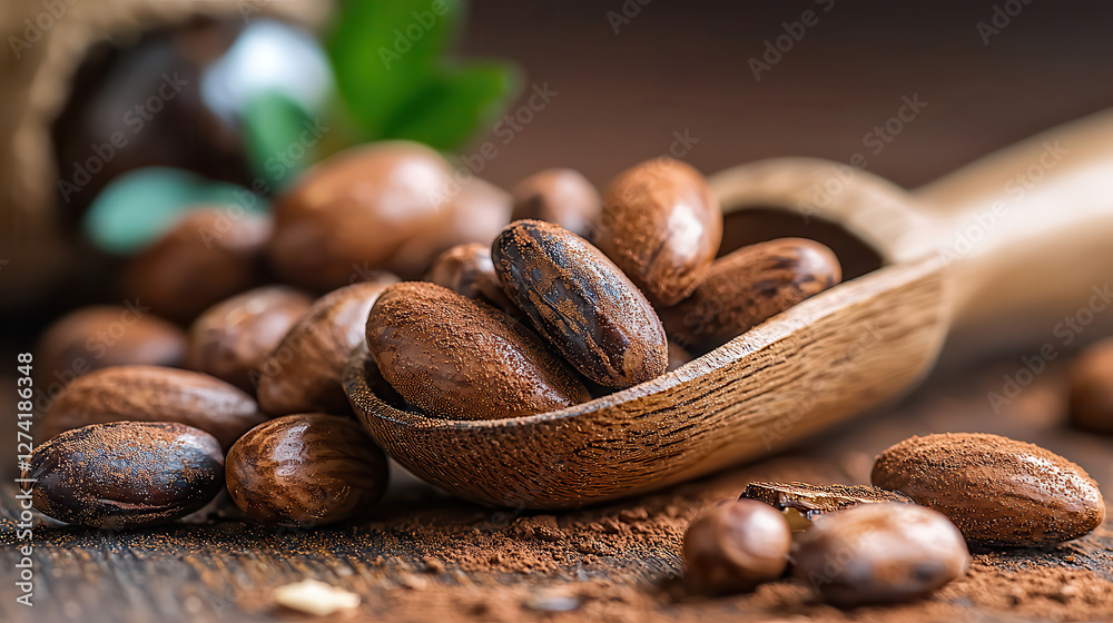 Poster close up of tonka beans with warm directional light highlights their rich texture and earthy tones, 