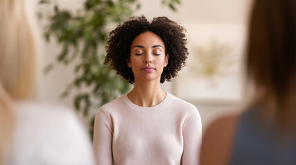 Serene therapist guiding client through mindfulness meditation session