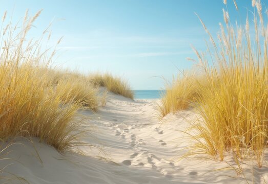 Sandy footpath through tall golden beach grass leading to the ocean under a clear blue sky