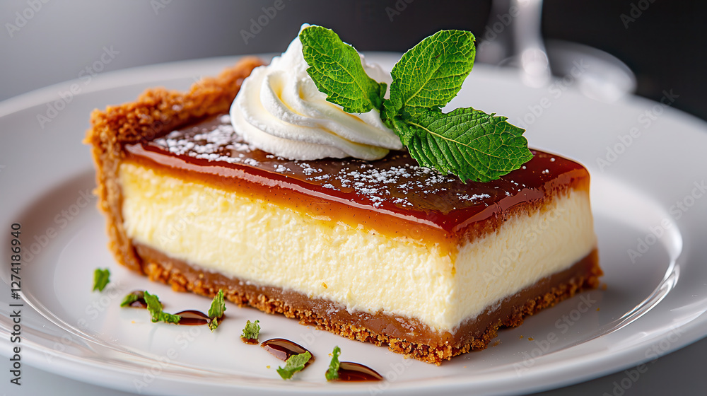 Poster decadent slice of key lime pie with rich and smooth filling, topped with whipped cream and mint leav