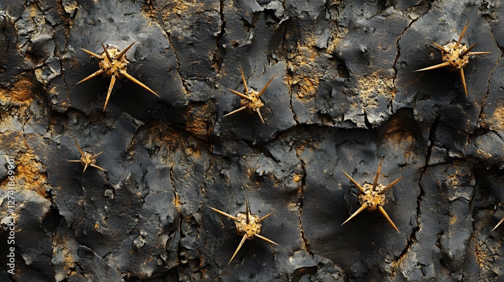 Poster abstract image of golden spikes on a dark cracked surface. textural and artistic. golden spikes on d