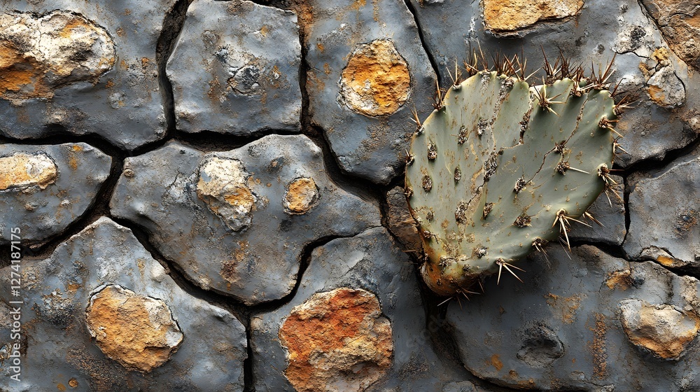 Aufkleber a single prickly pear cactus pad lies on a surface of cracked, gray-brown earth with patches of oran