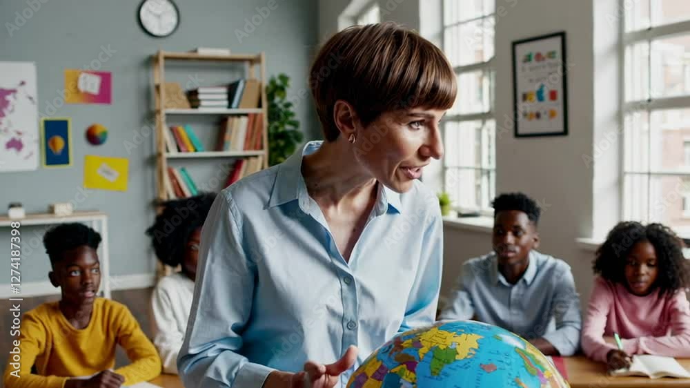 Poster geography teacher demonstrating earth globe rotation while explaining planetary movement to attentiv