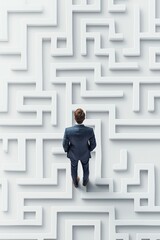 Businessperson navigating maze of challenges office conceptual image abstract aerial view strategy