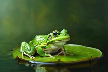 Naklejka premium A green frog perched on a lily pad in serene water, showcasing vibrant colors and calm reflections. Entrepreneurial Frog, Patience and Strategy for Business Success