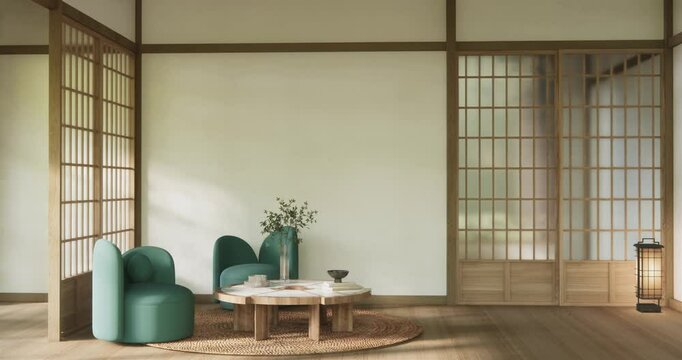 zen living room empty white wall background with decoration japan style design down lights on shelf wall. 3d rendering