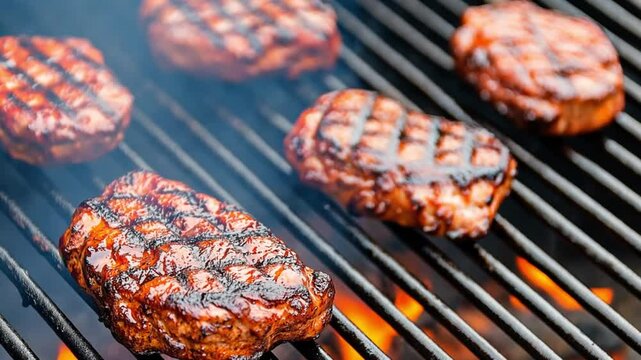 A row of juicy steaks sizzles on the hot grill with tempting char marks. Concept of hearty flavor and mouthwatering backyard cooking.