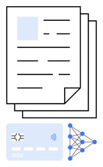 Stack of papers, credit card with contactless symbol, neural network diagram. Ideal for fintech, AI, documentation, data security, technology, machine learning automation abstract line flat