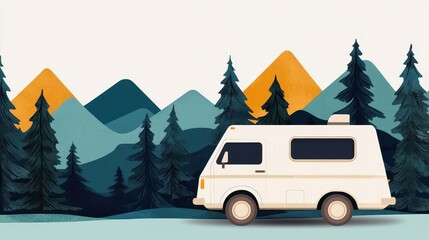 Camper van with minimalist graphics and clean lines, parked in a forest
