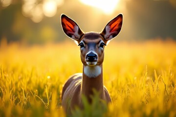 Beautiful Deer in Golden Field at Sunrise