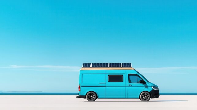 Camper van with minimalist decals and solar panels integrated into the roof