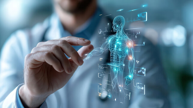 doctor interacts with futuristic 3D hologram blueprint of AI driven medical system, showcasing human anatomy and technology integration