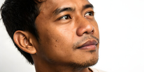 Fototapeta premium Portrait of thoughtful man in studio setting close-up photography neutral background natural light emotional expression