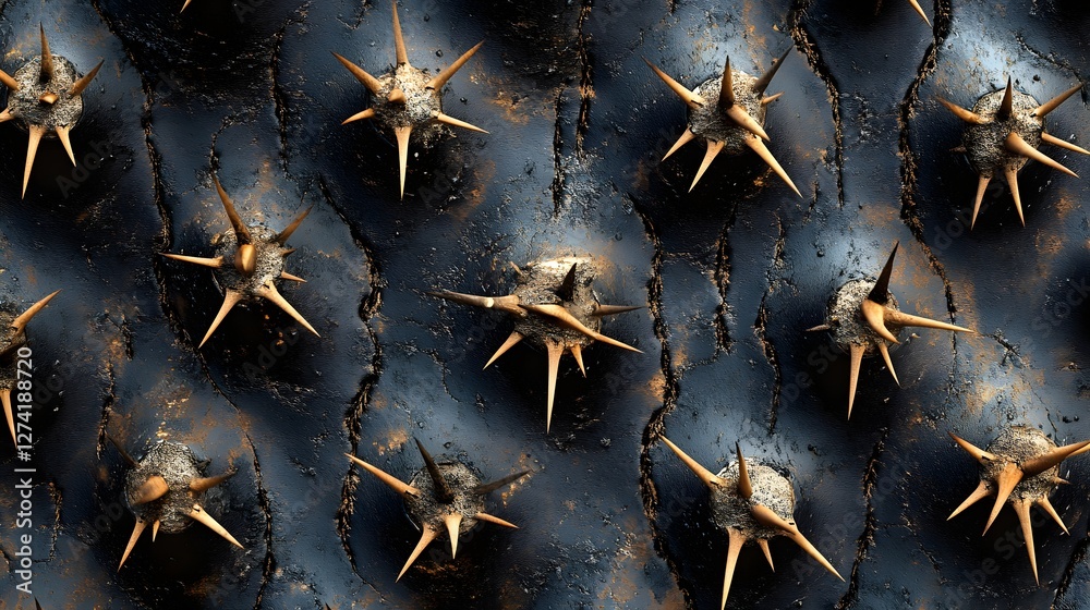 Poster Macro shot of an abstract dark textured surface with many golden spikes. The intricate details create a visually striking pattern.